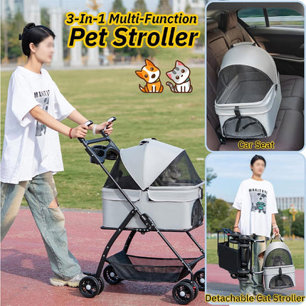 3-in-1 multi-function pet stroller with a woman using it outdoors.