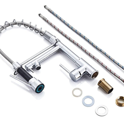 Chrome kitchen faucet assembly with flexible hose and connectors on a white background
