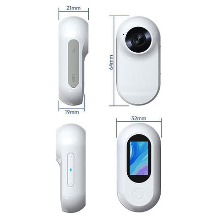 White camera with dimensions labeled on a white background