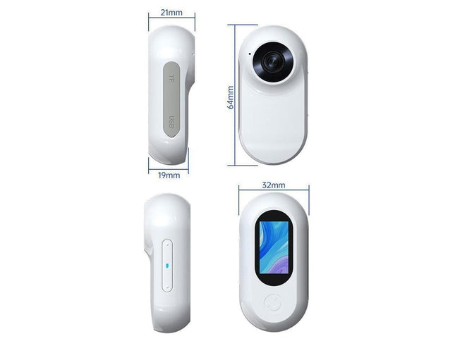 White camera with dimensions labeled on a white background