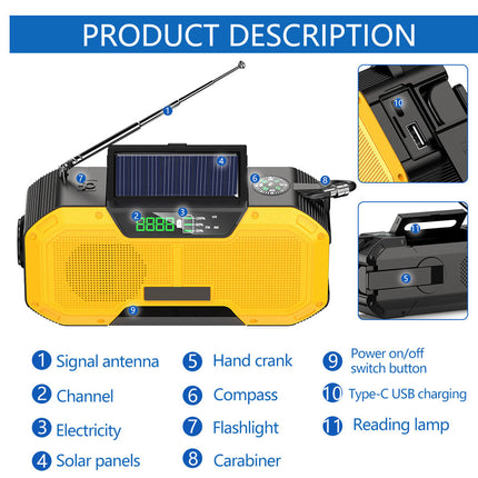 Multifunctional portable device with solar panels, signal antenna, and various features labeled.