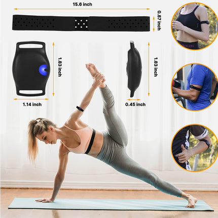 Woman exercising on a mat with fitness equipment measurements shown