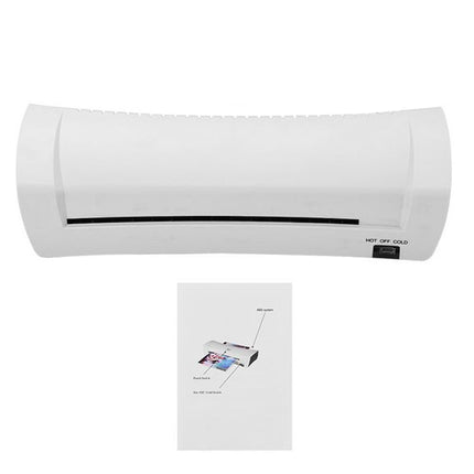 A white wall-mounted air conditioner or heat pump outdoor condenser unit with a black horizontal vent slot and a small black power switch labeled HOT/COLD, shown above a small instruction diagram on a plain white background.