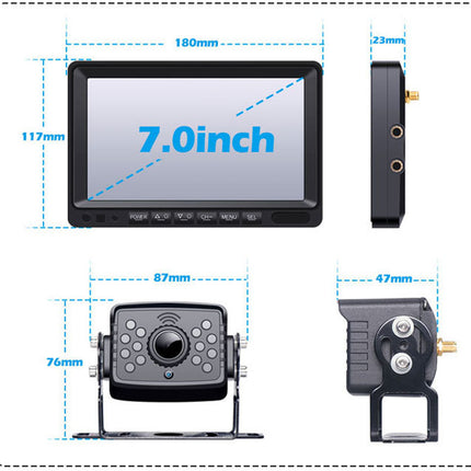 7-inch monitor with camera and monitor, shown with dimensions on a white background