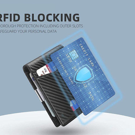 RFID blocking card holder with cards on a light blue background