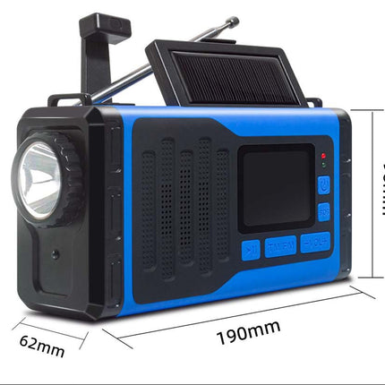 A blue and black portable power station with a built-in flashlight, solar panel, and control buttons, shown with dimension labels indicating 190mm length, 62mm width, and 98mm height on a white background.