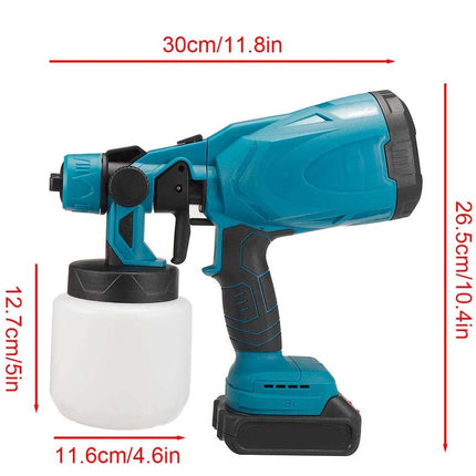 A cordless paint sprayer with a teal and black body and a white paint can, shown with red dimension lines and text indicating measurements of 30cm, 26.5cm, 12.