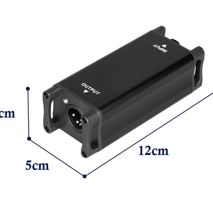 Black electronic device with XLR connector and dimensions labeled on a white background