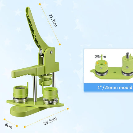 Green metal tool with measurements on a light blue background