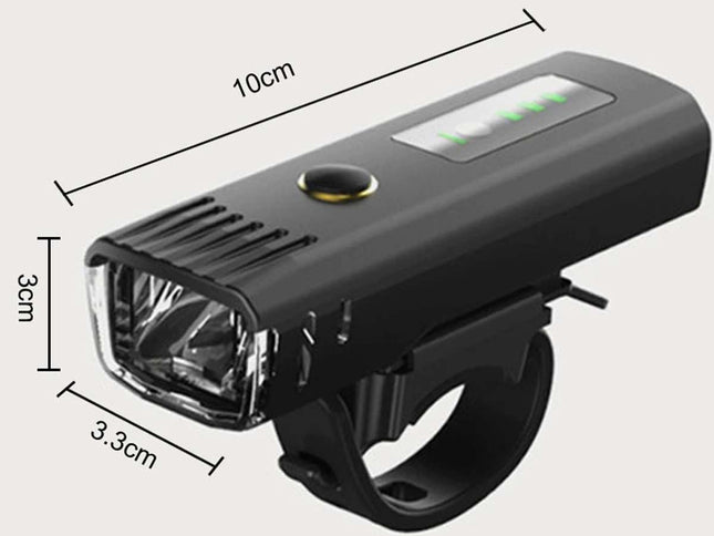 Bicycle front light with dimensions labeled on a white background