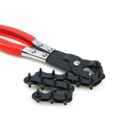Pair of chain rivet pliers with red handles on a white background