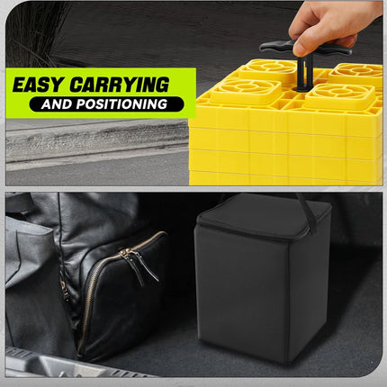 A collage showing a black rectangular carry bag with a handle, including a top panel with a hand lifting a yellow carrying tray to demonstrate easy carrying and a bottom panel showing the bag placed in a car trunk next to a black duffel bag.