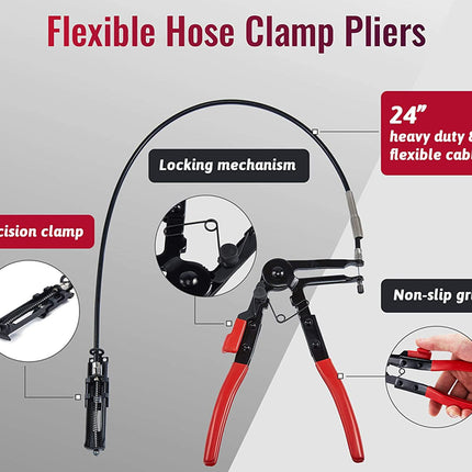 Flexible hose clamp pliers with red handles and a black cable, shown on a gray gradient background with callout labels for locking mechanism, precision clamp, non-slip grip, and 24" heavy duty & flexible cable.