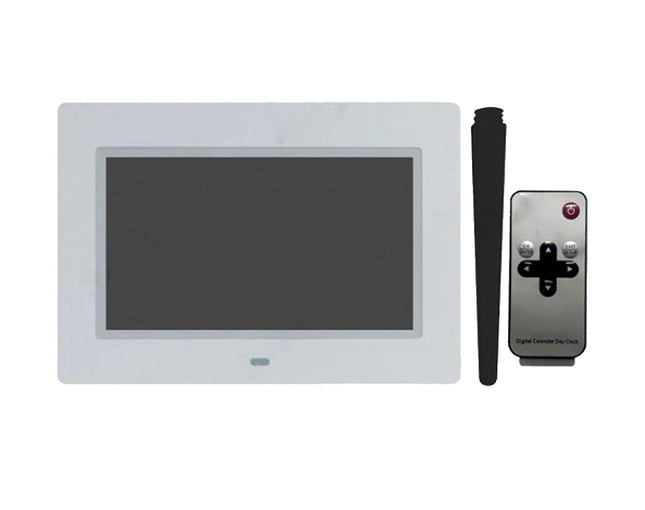 A digital console display with a white bezel and dark screen, shown alongside a black antenna and a silver remote control on a plain white background.