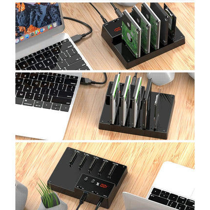 Collage of a computer setup with multiple devices on a wooden desk.