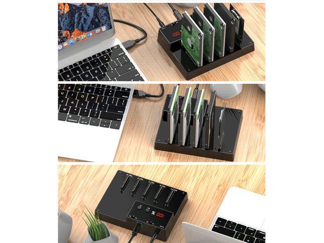 Collage of a computer setup with multiple devices on a wooden desk.