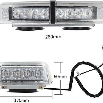 Two vehicle lights with measurements and a coiled cable on a white background