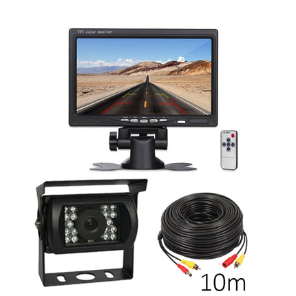 Car reverse camera system with monitor, camera, and cable on a white background