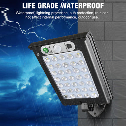 LED flood light with lightning protection feature on a blue and gray background