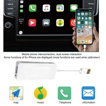 A white USB adapter cable shown below a demonstration graphic of a smartphone connected to a car infotainment screen, with text explaining mobile phone interconnection and dual screen interaction.