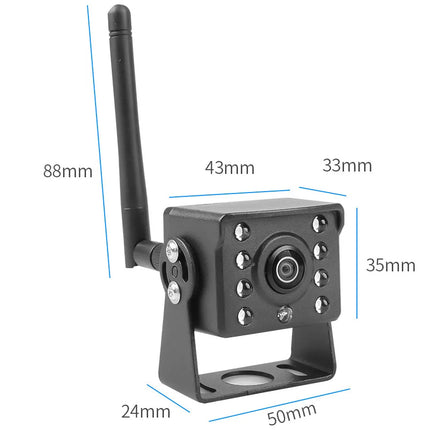 Small camera with dimensions labeled on a white background