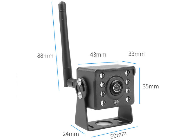 Small camera with dimensions labeled on a white background