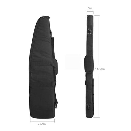 Black rifle case with dimensions on a white background