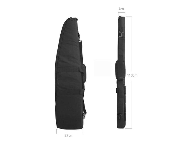 Black rifle case with dimensions on a white background