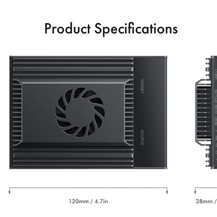 Black electronic module with dimensions and specifications on a white background