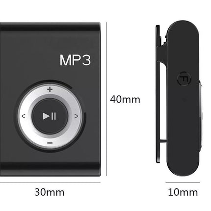 Black MP3 player shown from front and side views with dimension labels: 30mm width, 40mm height, and 10mm profile on a white background.