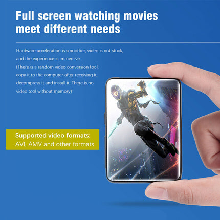 A hand holds a smartphone displaying a space-themed video game or movie scene against a blue promotional background with text about full-screen movie watching and supported video formats.