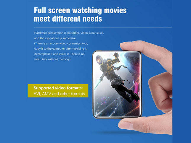 A hand holds a smartphone displaying a space-themed video game or movie scene against a blue promotional background with text about full-screen movie watching and supported video formats.