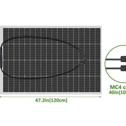 A rectangular solar panel with attached black cable shown on a white background, with green dimension labels indicating 31.8 in by 47.