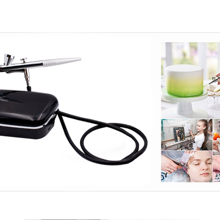 Black airbrush with a cable on a white background, with images of people using airbrushes in various settings.