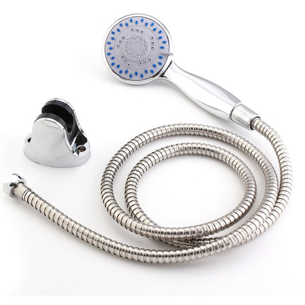 Handheld shower head with flexible hose on a white background