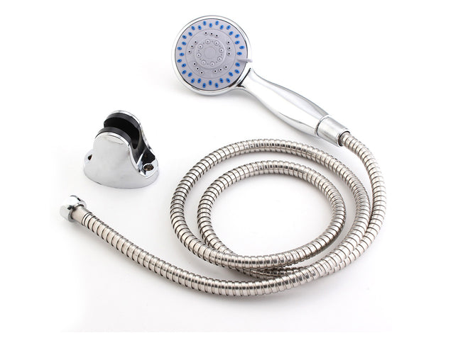 Handheld shower head with flexible hose on a white background