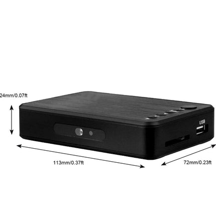 Black electronic device with dimensions labeled on a white background