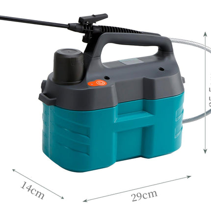 A teal and dark gray handheld sprayer bottle with a hose and wand, shown on a white background with dimension arrows and labels indicating 25.5 cm height, 14 cm width, and 29 cm depth.