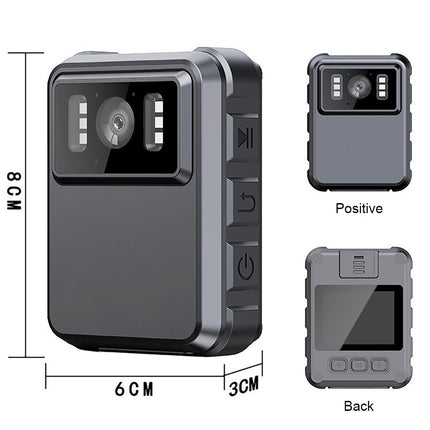 Body camera with dimensions and views on a white background