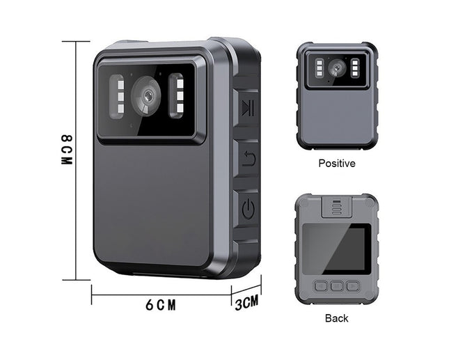 Body camera with dimensions and views on a white background