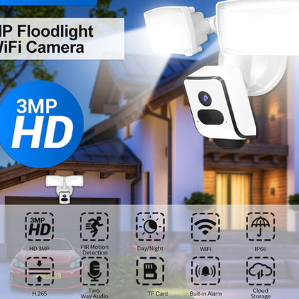3MP Floodlight WiFi Camera with features highlighted on a blurred background of a house.