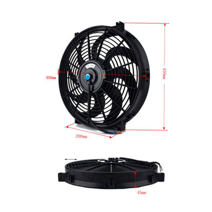Black fan with measurements on a white background