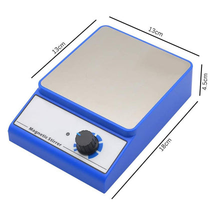 Blue and silver magnetic stirrer with dimension lines and measurements showing 13cm x 18cm x 4.5cm on a white background.