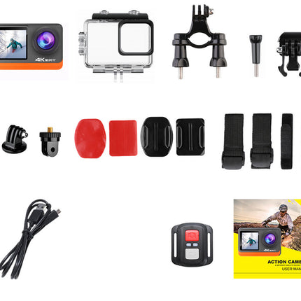 Collection of action camera accessories on a white background