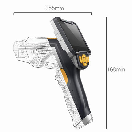 Handheld device with dimensions labeled on a white background