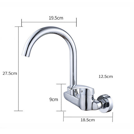 Chrome kitchen faucet with dimensions labeled on a white background