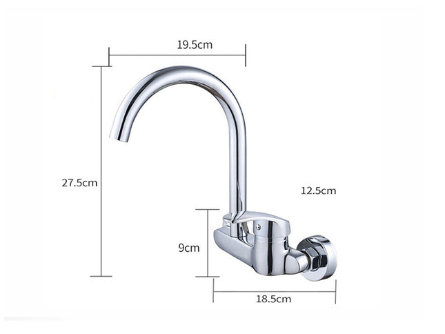 Chrome kitchen faucet with dimensions labeled on a white background