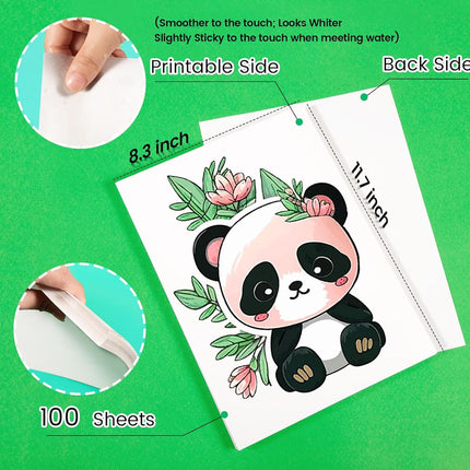 Sheet of panda-themed stickers with measurements and a green background