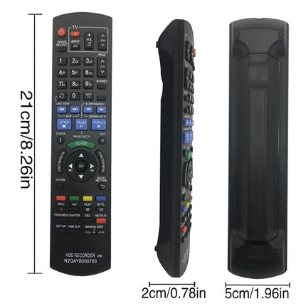 Black remote control with measurements on a white background