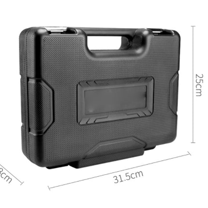 Black hard-shell carrying case with dimensions indicated on a white background
